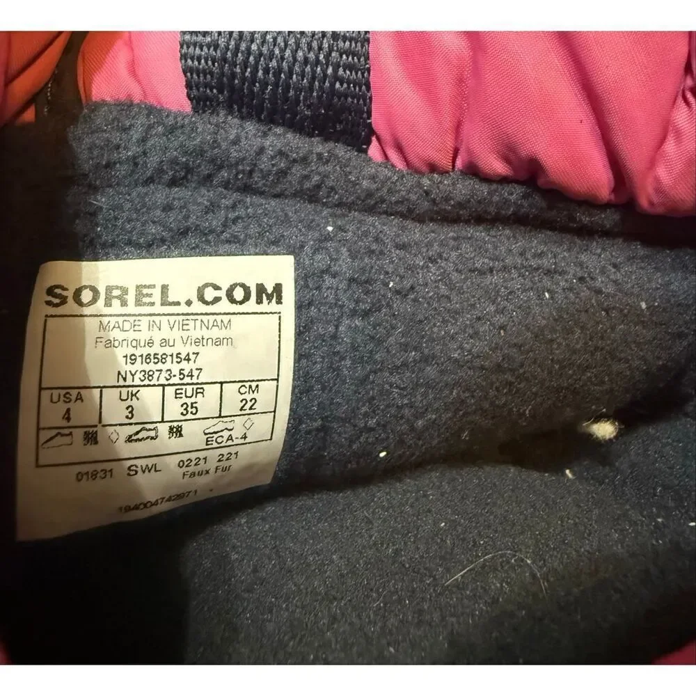 Sorel Kids Girls Puffy Quilted Whitney II Mid Snow Boots Pink Black Size 4 NWT